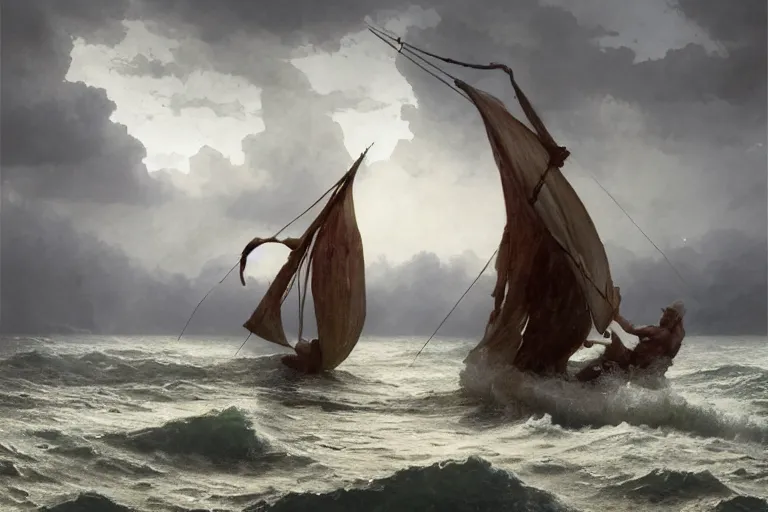 Image similar to ancient historically accurate depiction of Bible Character walking on water during a storm, a small fishing sailboat with scared sailors on board, dramatic lighting by frank miller, illustration by Ruan Jia and Mandy Jurgens and William-Adolphe Bouguereau, Artgerm, 4k, digital art, surreal, space dandy style, highly detailed, godsend, artstation, digital painting, concept art, smooth, sharp focus, illustration by Ruan Jia and Mandy Jurgens and William-Adolphe Bouguereau, Artgerm