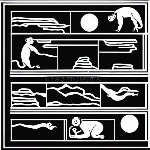Image similar to minimalist illustration of the evolution starting with a monkey, ending at a modern life human, vector illustration, black and white, silhouette