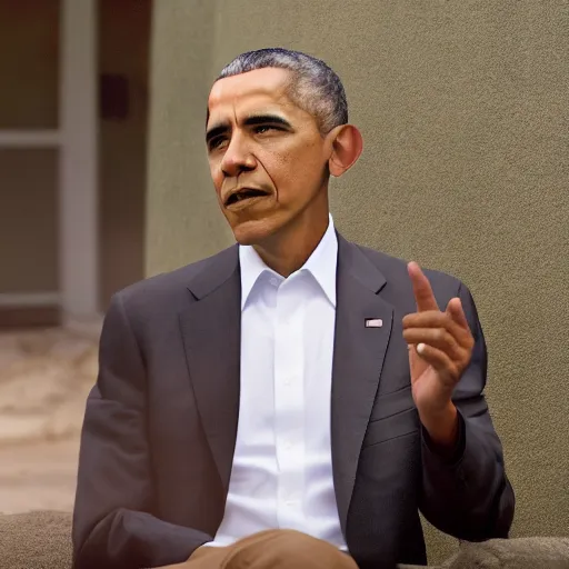 Image similar to Movie still of Barack Obama in a tan suit