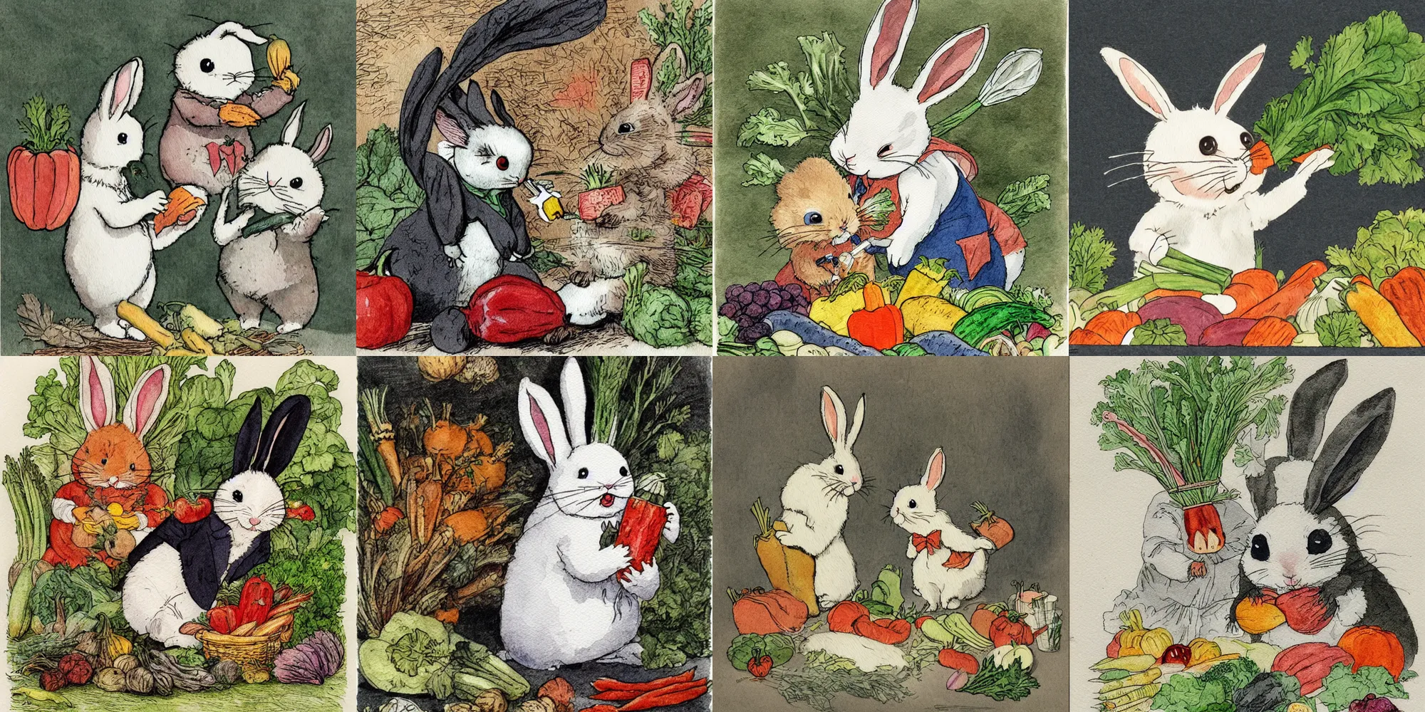 Prompt: an adorable bunny vampire is sucking the juice out of vegetables because it\'s so hungry, there\'s a whole pile of vegetables that are filled with little bitemarks, watercolor illustration, by beatrix potter