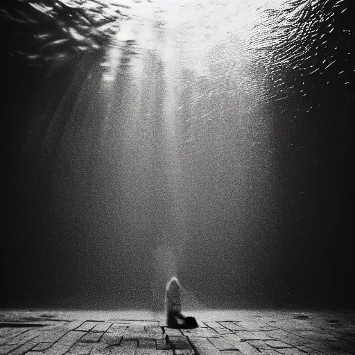 Image similar to an abstract photograph of a lonely male shadowy figure, underwater, motion blur, 35 mm, black-and-white