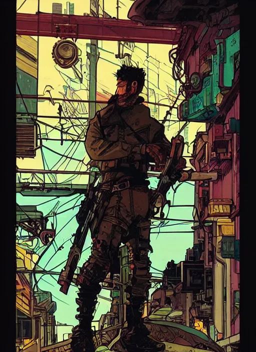 Image similar to hector. cyberpunk mercenary with scenic background. portrait illustration, pop art, art by ashley wood, alphonse mucha, laurie greasley and josan gonzalez. cinematic. beautiful lighting.