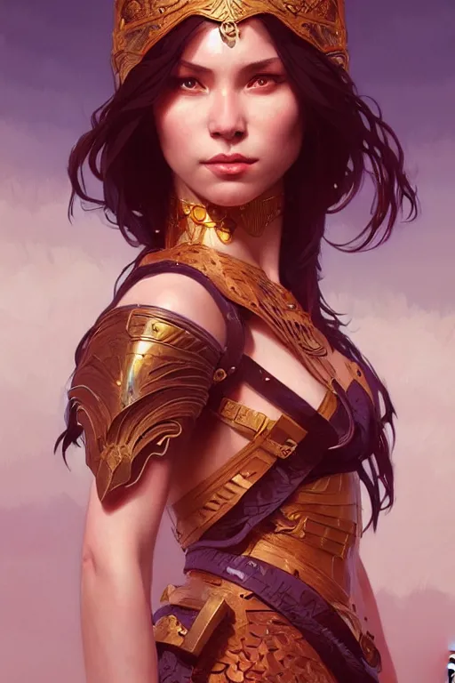 Image similar to a very beautiful warrior woman, fantasy, portrait, sharp focus, intricate, elegant, digital painting, artstation, matte, highly detailed, concept art, illustration, ambient lighting, art by ilya kuvshinov, artgerm, Alphonse mucha, and Greg Rutkowski