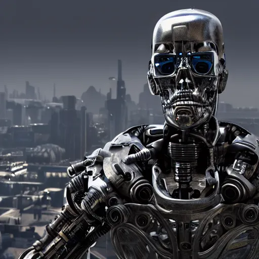 Image similar to highly detailed portrait of a terminator with borg enhancements, 8k. There is a dystopian city in the background. Rendered with unreal 5 engine with ray tracing and tessellation