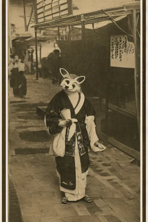 Prompt: 1 8 th century japanese street market in kyoto, 1 9 0 0 s photography, portrait anthro anthropomorphic fox head animal person fursona wearing clothes street trader