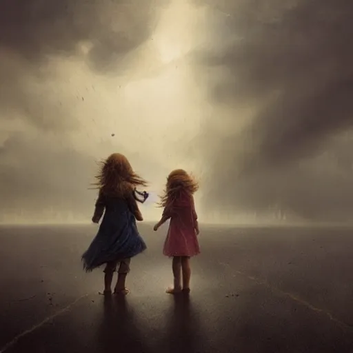 Prompt: 5 year old girl with long ginger hair. 2 year old girl with light brown hair. rain, lightning strike, storm. atmospheric lighting. matte painting by greg rutkowski.