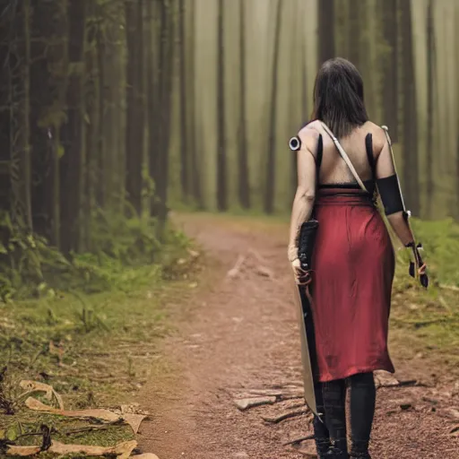 Prompt: Woman cuts timeline with sword in foreground, cinematic shot from back view, camera following a woman on a path through a forest, blackhole, 4K