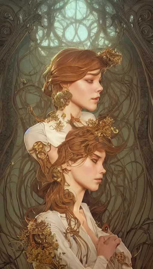 Image similar to twisted fairytale, fibonacci, sweat drops, insane, intricate, highly detailed, digital painting, artstation, concept art, smooth, sharp focus, illustration, Unreal Engine 5, 8K, art by artgerm and greg rutkowski and alphonse mucha