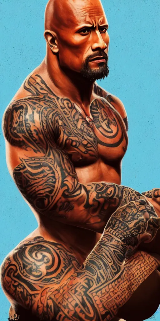 Image similar to Portrait of Dwayne Johnson with Indian tattoos and wearing Indian Apache outfit, realistic, digital art, smooth, trending on Artstation, 8k.