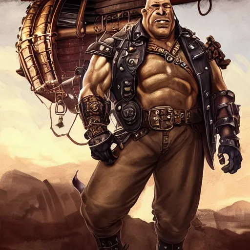 Prompt: portrait of a muscular, bald orc mechanic, wearing a heavy brown leather coat, wrench on hand, steampunk setting, gears, airship on the background, dramatic lighting, high detail, digital art by Rossdraws