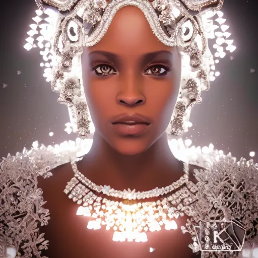 Image similar to portrait of wonderful princess of white diamonds with dark skin, white flowers, ornate with white diamonds, 8 k, gorgeous, intricate, detailed, glowing white accent lighting, dramatic lighting, octane render