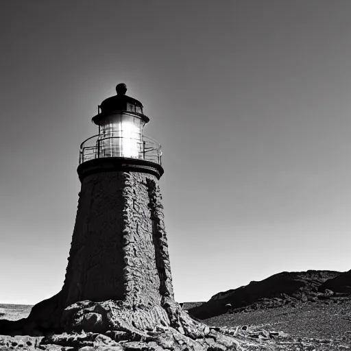 Prompt: a lighthouse in the middle of the desert, post apocalyptic