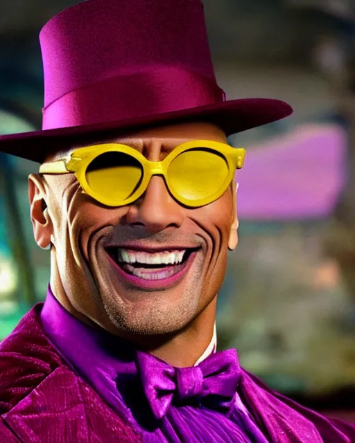 Image similar to Film still close-up shot of Dwayne Johnson as Willy Wonka from the movie Willy Wonka & The Chocolate Factory. Photographic, photography