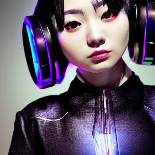 Prompt: photorealistic portrait of cute cyber punk geisha girl from Japan. she is wearing heavy complicated future headsets. award winning, taken by canon 5d mk4, art lens, perfect lighting, sci-fi, at 2200