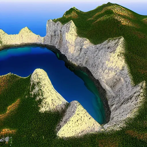 Prompt: concave islands surrounded by steep crystalline cliffs, high quality digital art