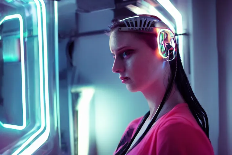 Prompt: cinematography closeup portrait of a cyborg woman in a cyberpunk apartment, neon lighting, night, by Emmanuel Lubezki