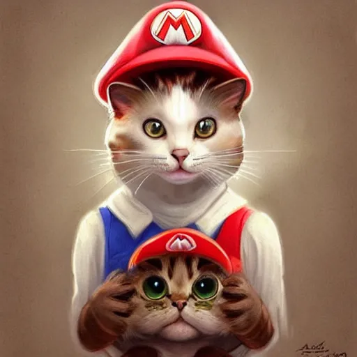 Image similar to Portrait of a Cat dressed as Super Mario, Mario hat, kawaii aesthetic, nintendo, highly detailed, digital painting, artstation, concept art, smooth, sharp focus, illustration, art by artgerm and greg rutkowski and alphonse mucha