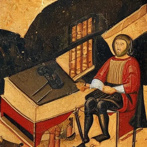 Prompt: Medieval painting of a man listening to sick beats on his headphones