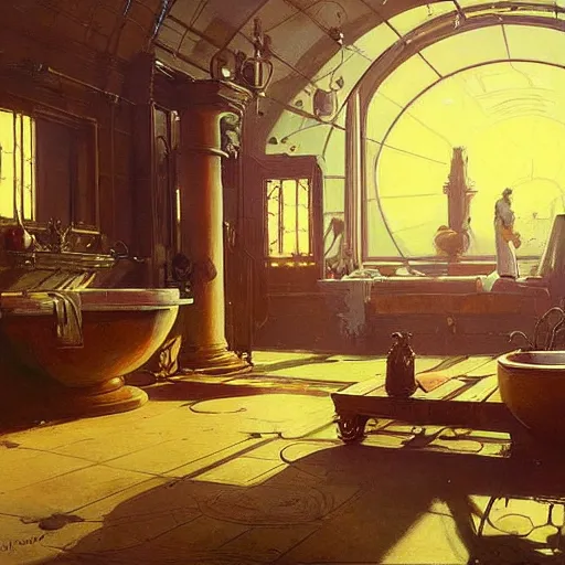 Image similar to painting of syd mead artlilery scifi bathroom with ornate metal work lands on a farm, ancient civilization ornaments, volumetric lights, purple sun, andreas achenbach