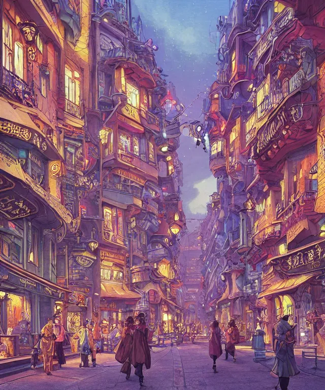 Image similar to insane perspective of colorful street vue from steampunk paris and tokyo, intricate details, realistic shaded ,, highly detailed, artstation, painting by François Schuiten and moebius, disney fantasy style, people and creatures walking, volumetric light, neon lights, cinematic mood
