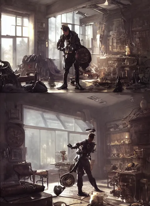 Prompt: portrait of Jordan Peterson cleaning his steampunk style room, digital painting, concept art, smooth, sharp focus, illustration, from Metal Gear, by Ruan Jia and Mandy Jurgens and William-Adolphe Bouguereau, Artgerm