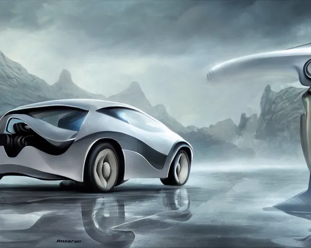 Prompt: futuristic car design, amazing concept art, award - winning photorealistic illustration in the style of the land before time. hdr 8 k