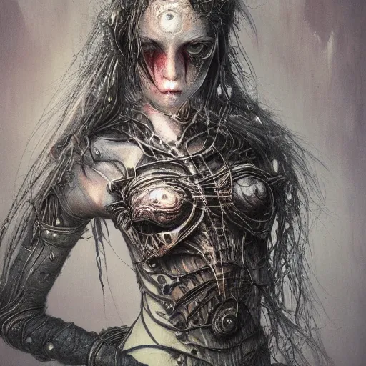 Prompt: a highly detailed long shot photo of cybergoth female character by ayami kojima, beksinski, giger, intricate, digital painting, artstation, intricate, concept art, smooth, sharp focus, illustration