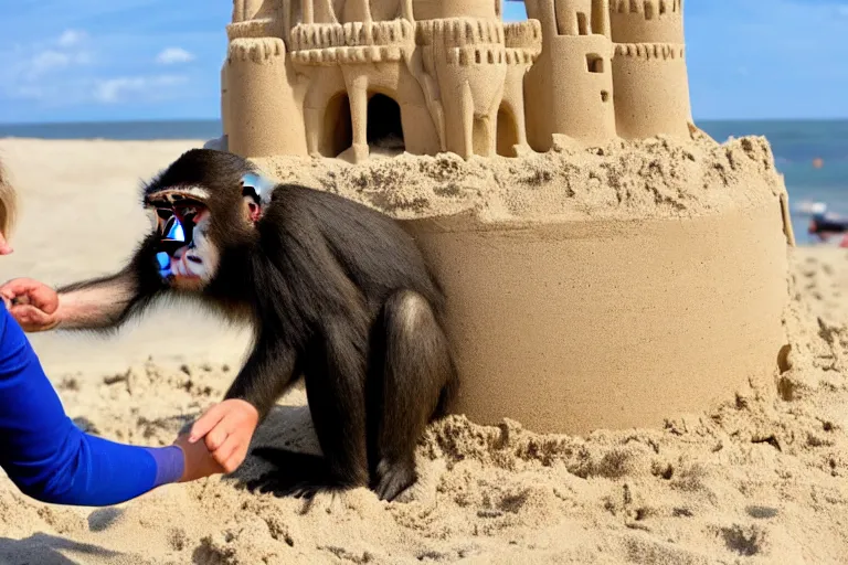 Prompt: a monkey touching a sand castle