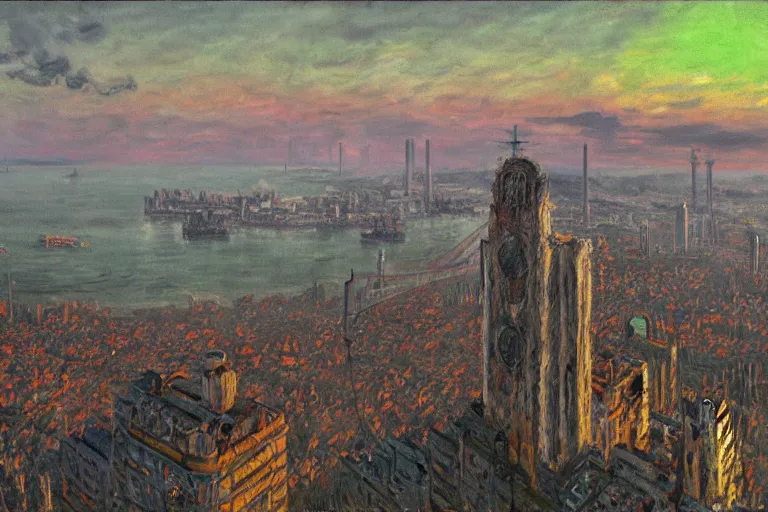 Image similar to Lisbon in 2287, cyberpunk, dark academia, by Simon Stålenhag and Claude Monet, oil on canvas