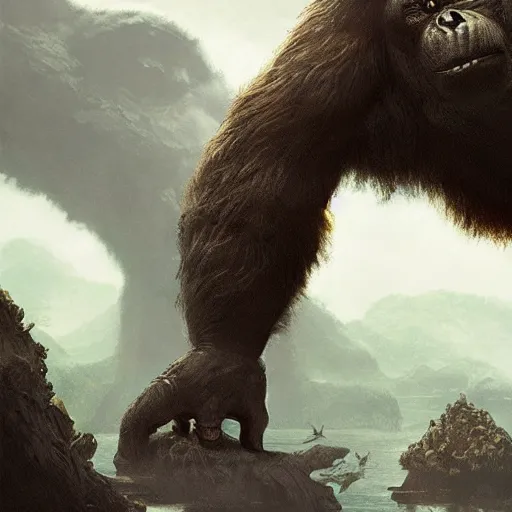 Image similar to King Kong in the Dangerous Skull Island, fantasy art, in the style of greg rutkowski, illustration, epic, fantasy, intricate, hyper detailed, artstation, concept art, smooth, sharp focus, ray tracing