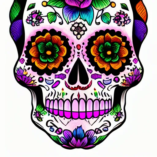 Image similar to beautiful dia de muertos sugar skull artwork on a real human skull, 1 6 k resolution, ultra realistic, highly detailed, colorful, festive