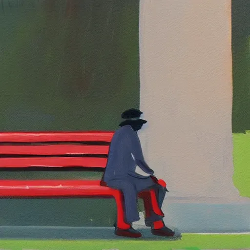 Prompt: man sitting on park bench next to the grim reaper peaceful acrylic painting by Denis Villeneuve sunny afternoon