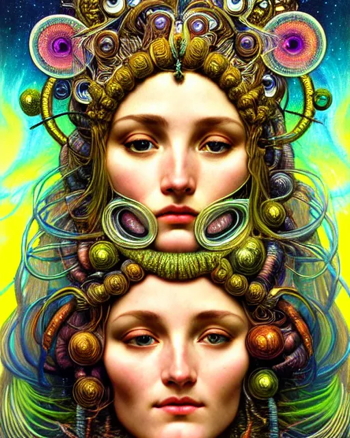 Image similar to hyperrealistic detailed face portrait of the beautiful goddess of the northern lights with an intricate headgear of a beautiful landscape, art by ernst haeckel, john william godward, android jones, alphonso mucha, h. r. giger, gothic - cyberpunk, ornamental, beautiful deep colours,