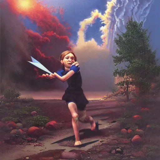 Prompt: a disappearing running child holding scissors in hand disappears evaporates dissolves into vapor, mist, smoke, blood drops and spatteer, a detailed matte painting by John Philip Falter and Jason Edmiston