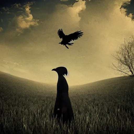 Prompt: pastoral eerie. woman in meadow. ravens flying. sun low in sky. realistic