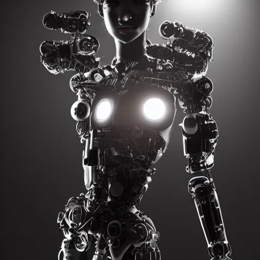 Image similar to beautiful centered fine art photo portrait of romantic beautiful girl as a solarpunk robotic humanoid, black mechanical parts with led lights, ballet style pose, photorealistic, white background, highly detailed and intricate, soft box lighting, hdr 8 k