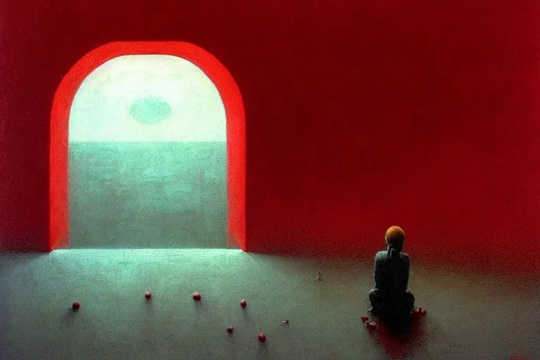 Image similar to only with red, a red shinigami eat apple, mars in background, an ancient path, in the style of beksinski, part by hopper, part by rodcenko, part by hofbauer, intricate composition, red by caravaggio, insanely quality, highly detailed, masterpiece, red light, artstation