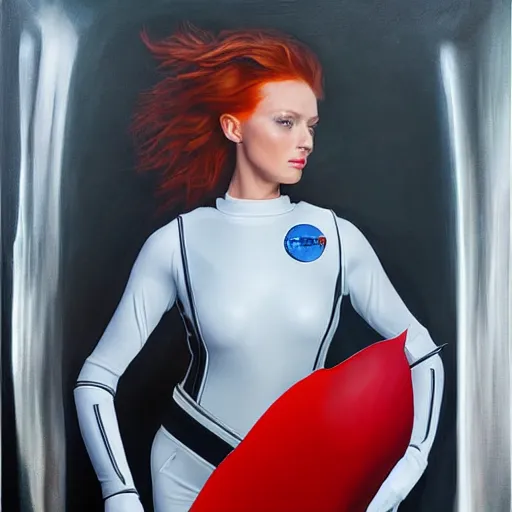 Image similar to redhead fashion model in futuristic astronaut suit, portrait, hyperrealism oil painting