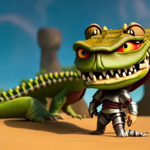 Prompt: antropomorphic medieval knight crocodile warrior as nendoroid walking in a desert in the croods movie style, anime, disney, pixar, 8 k, hd, dof, kodak film, volumetric lighting, subsurface scattering, photorealistic, octane render, details