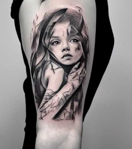 Prompt: tattoo design sketch of a beautiful girl portrait faded in a mountain background, in the style of den yakovlev, black and white, realism tattoo, hyper realistic, highly detailed