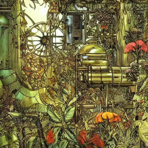 Prompt: Inside a steampunk machine room with lush vegetation growing around the machines, tropical trees, large leaves, flowers, by Rebecca Guay