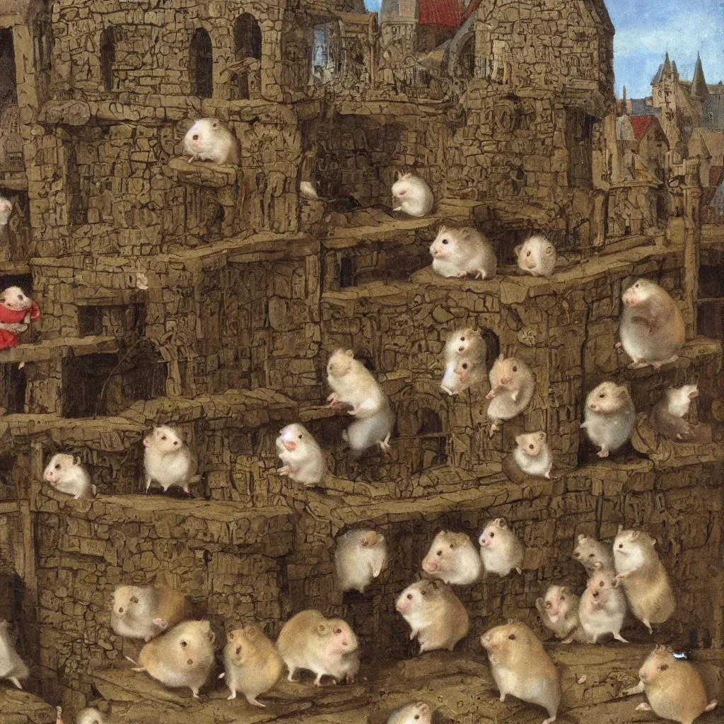 Image similar to hamster in a medieval stockade in the town square and a crowd of angry hamsters surrounding it, 1 2 th century europe theme