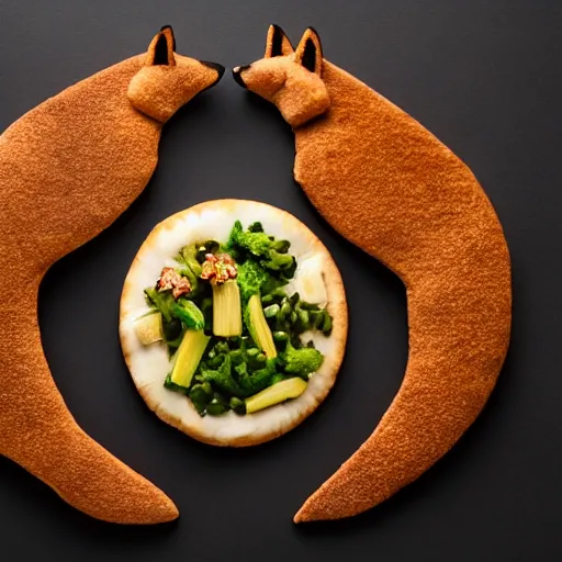 Prompt: studio photography of dinner food in the shape of a fox