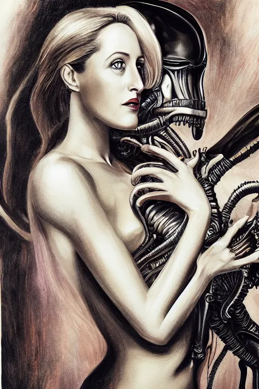 Image similar to portrait of a beautiful young gillian anderson with alien xenomorph queen by h.r. giger, detailed, proportional, trending on art station, 4k