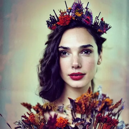 Image similar to fine art photo of the beauty gal gadot, she has a crown and a dress made of dried flowers done by oleg oprisco