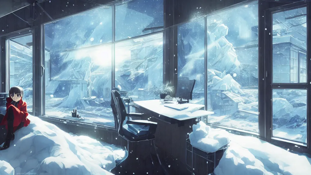 Prompt: interior of a frozen home office, icicles and snow drifts everywhere, dynamic shadows, dynamic lighting, dynamic colors, ilya kuvshinov, kyoani, hiroaki samura, yoshinari yoh, james jean, katsuhiro otomo, erik jones, cel shaded, anime poster