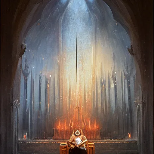 Prompt: Sauron resting in his throne, throne room, oil painting, by Greg Rutkowski