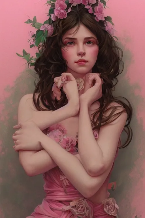 Prompt: ultra realistic illustration, european woman drawing, pink background, elegant, highly detailed, digital painting, concept art, smooth, sharp focus, illustration, art by artgerm and greg rutkowski and alphonse mucha