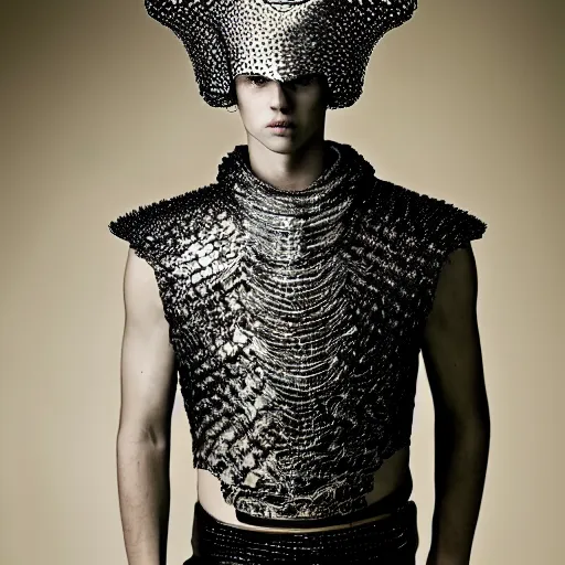 Prompt: a portrait of a beautiful young male wearing an alexander mcqueen armor made of fish scales , photographed by andrew thomas huang, artistic