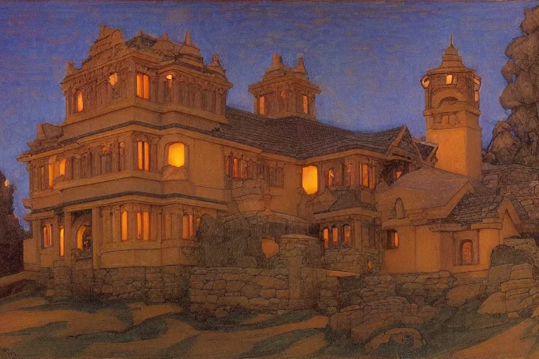 Image similar to beautiful stone house at twilight by Annie Swynnerton and Nicholas Roerich and jean delville, strong dramatic cinematic lighting , ornate tiled architecture, lost civilizations, smooth, sharp focus, extremely detailed